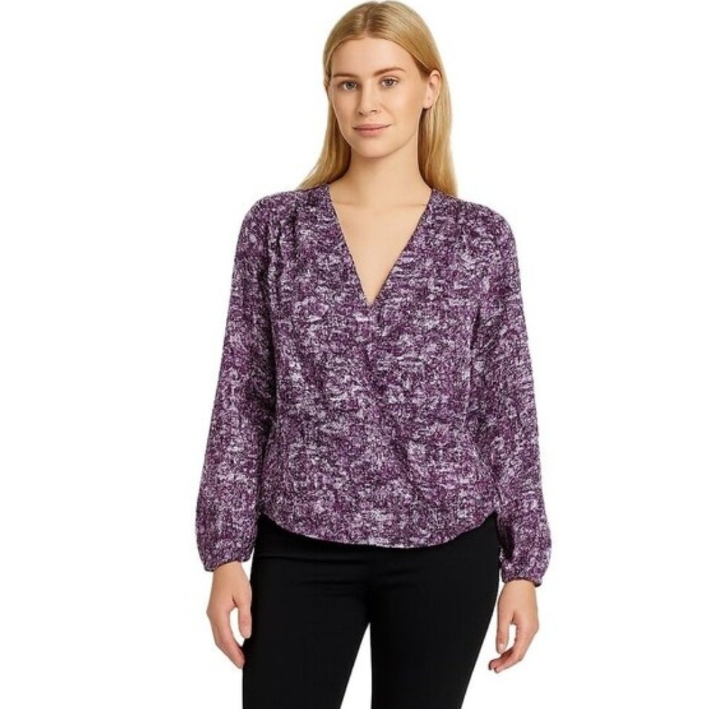 NWT White House Black Market Burnout Surplice Top Size 6 Wrap Purple Long Sleeve